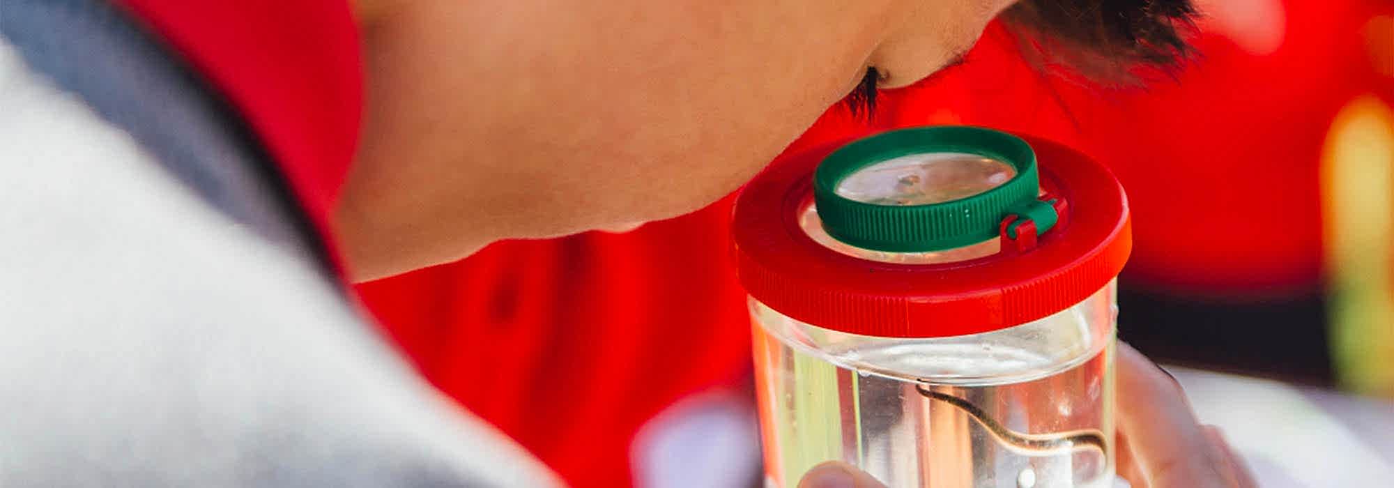 young person looking through a magnifier.